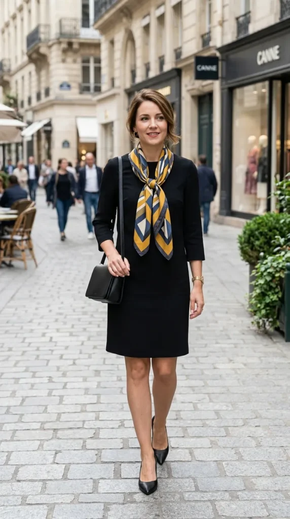 17 Stylish Scarves with Dress Outfit Ideas for a Chic and Elegant Look 18 geometric-print-scarf-with-shift-dress