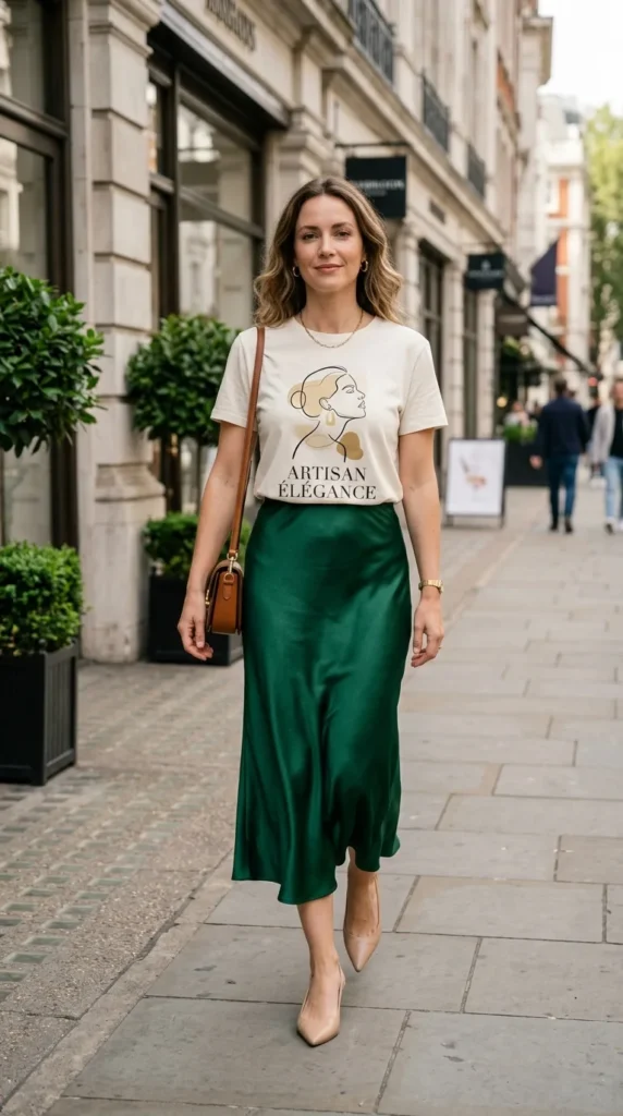 16 Summer Chic Outfits for Women That Look Expensive but Feel Light 14 graphic-tee-with-midi-satin-skirt