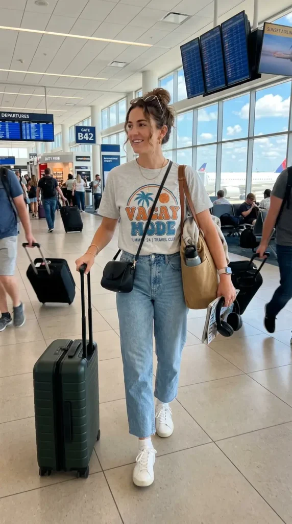 16 Cool Summer Airport Outfits for Women for Stress-Free Flights 15 graphic-tee-with-relaxed-jeans