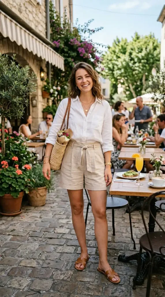high-waisted-shorts-with-linen-shirt
