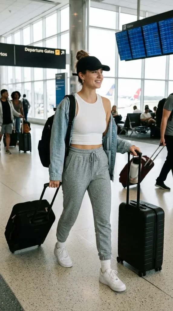 16 Cool Summer Airport Outfits for Women for Stress-Free Flights 6 jogger-pants-with-cropped-tank-top