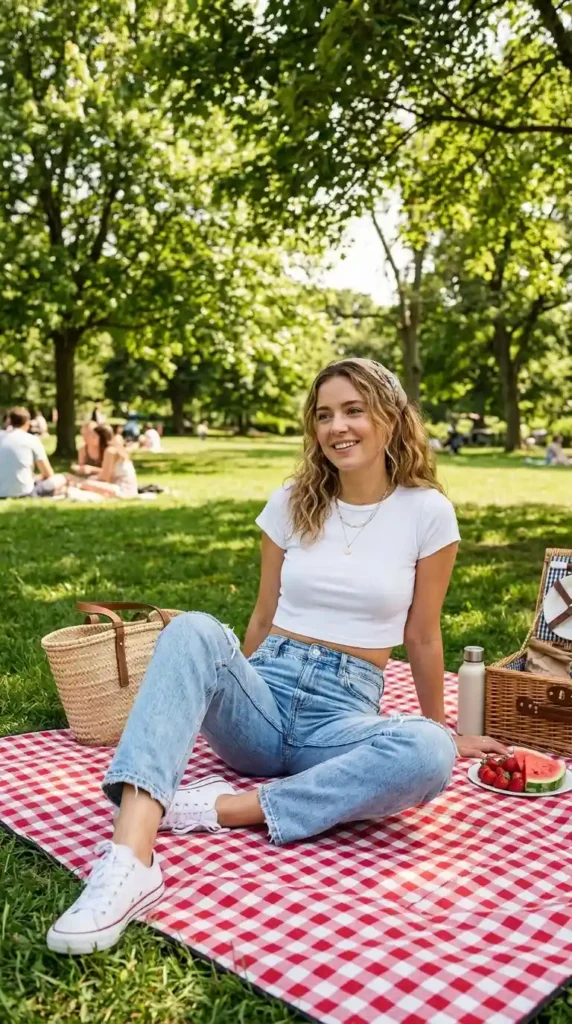15 Summer Picnic Outfit Ideas That Are Easy, Chic & Comfortable 8 light-blue-jeans-with-a-crop-top