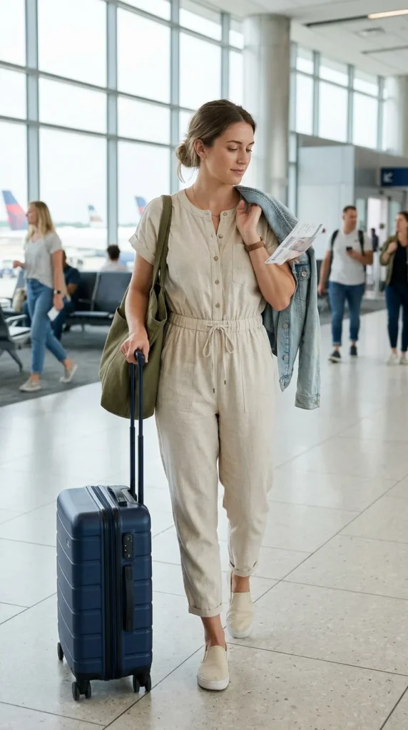 16 Cool Summer Airport Outfits for Women for Stress-Free Flights 12 light-jumpsuit-with-slip-on-shoes