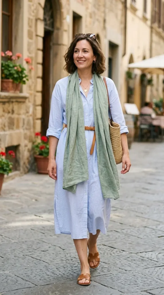 17 Stylish Scarves with Dress Outfit Ideas for a Chic and Elegant Look 11 lightweight-linen-scarf-with-shirt-dress