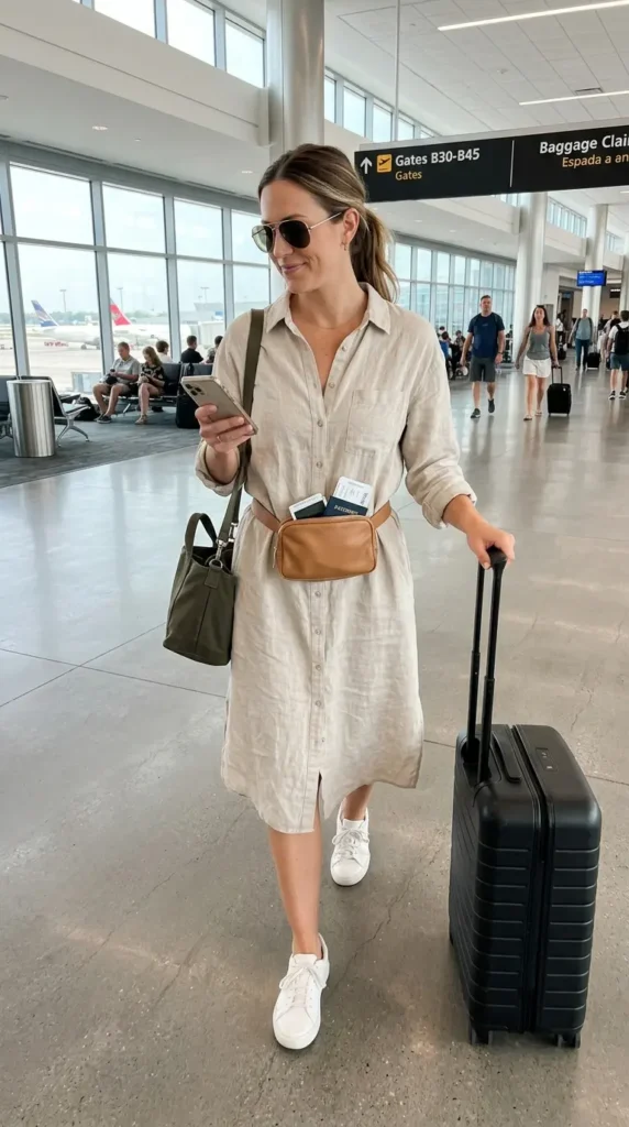 16 Cool Summer Airport Outfits for Women for Stress-Free Flights 10 linen-shirt-dress-with-belt-bag