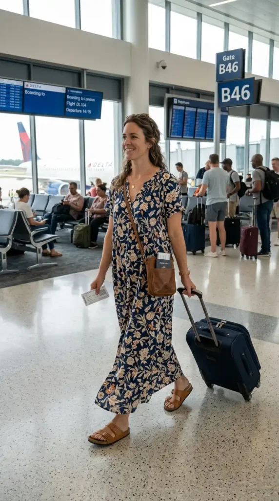 16 Cool Summer Airport Outfits for Women for Stress-Free Flights 5 loose-maxi-dress-with-flat-sandals