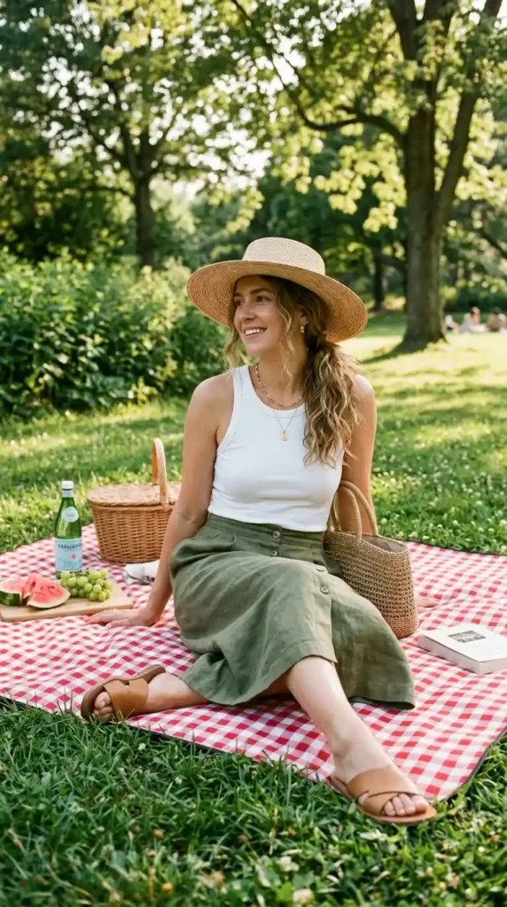 15 Summer Picnic Outfit Ideas That Are Easy, Chic & Comfortable 9 midi-skirt-with-a-simple-tank