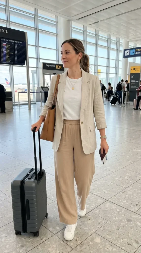 16 Cool Summer Airport Outfits for Women for Stress-Free Flights 8 neutral-blazer-with-soft-trousers