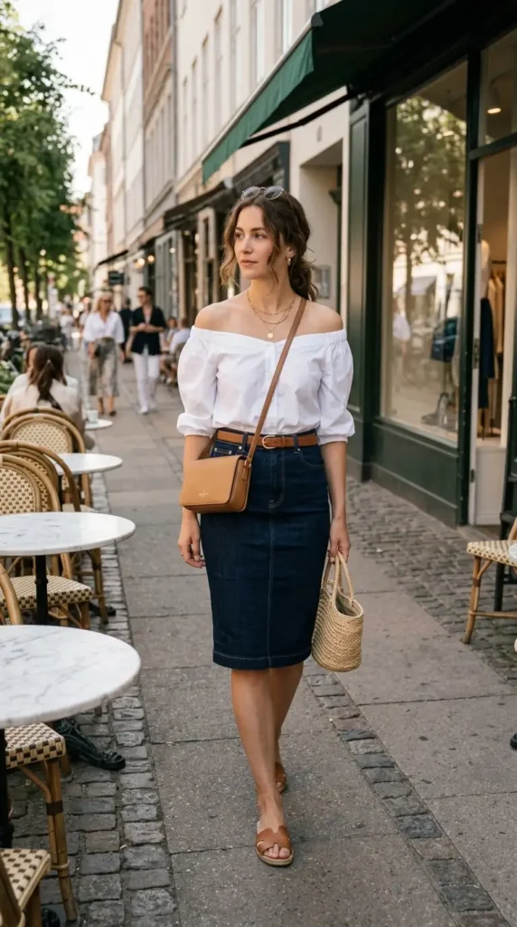 16 Summer Chic Outfits for Women That Look Expensive but Feel Light 15 off-shoulder-top-with-denim-skirt