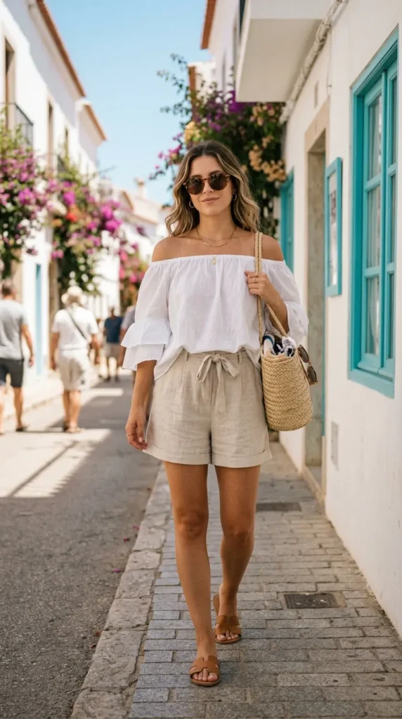 off-shoulder-top-with-linen-shorts
