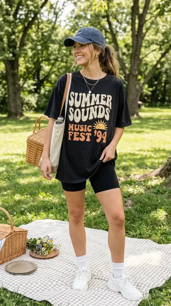 15 Summer Picnic Outfit Ideas That Are Easy, Chic & Comfortable 7 oversized-graphic-tee-with-biker-shorts