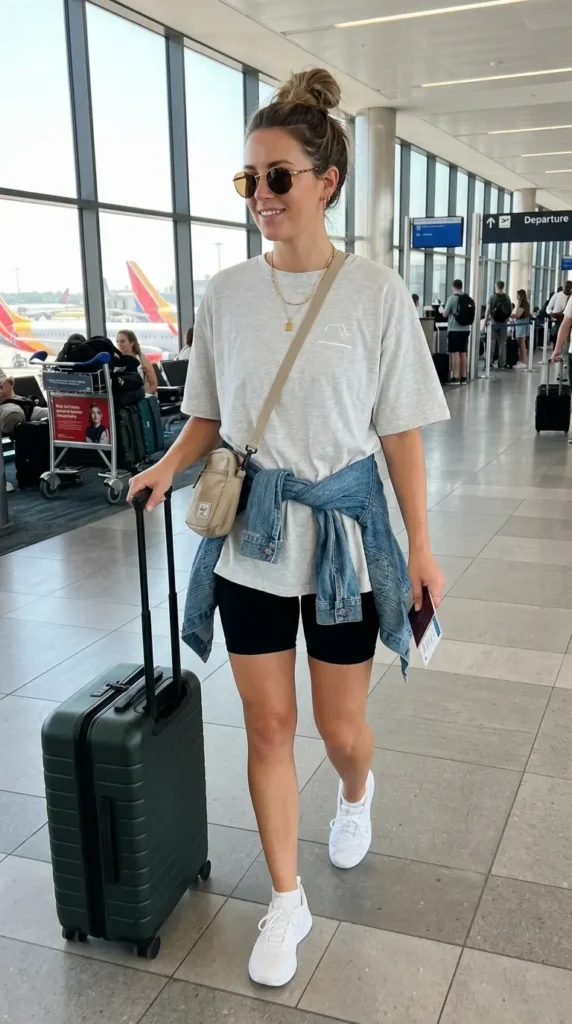 16 Cool Summer Airport Outfits for Women for Stress-Free Flights 3 oversized-shirt-with-bike-shorts