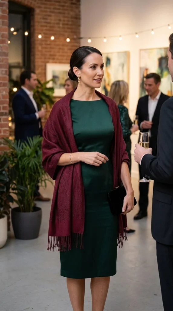 17 Stylish Scarves with Dress Outfit Ideas for a Chic and Elegant Look 7 pashmina-scarf-with-evening-cocktail-dress
