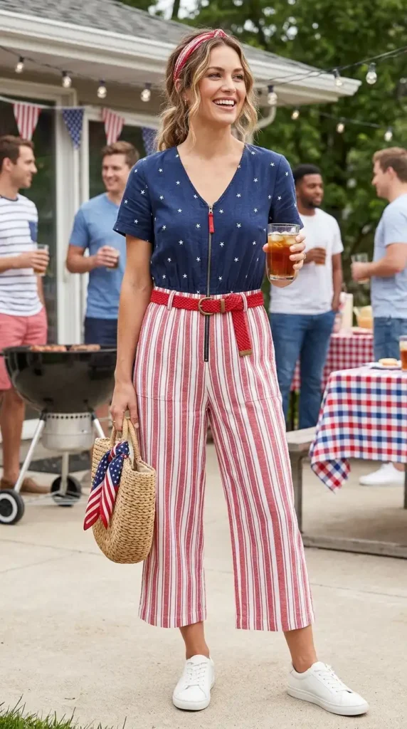 17 Trendy 4th of July Outfits for Women That Look Festive & Stylish 4 patriotic-jumpsuit-style