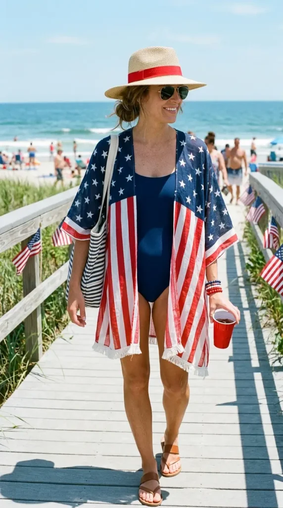 17 Trendy 4th of July Outfits for Women That Look Festive & Stylish 17 patriotic-swimsuit-cover-up-style