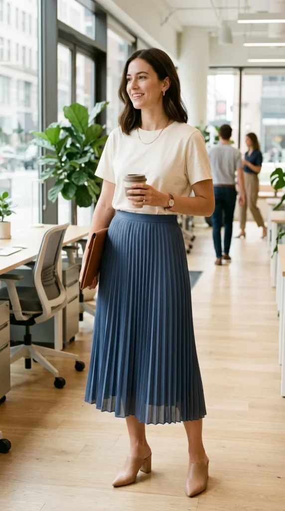 pleated-skirt-with-simple-blouse