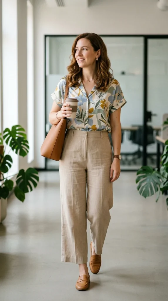 printed-blouse-with-neutral-trousers