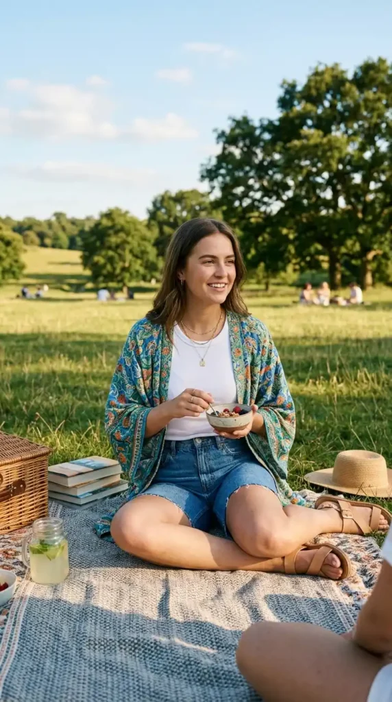 15 Summer Picnic Outfit Ideas That Are Easy, Chic & Comfortable 16 printed-kimono-with-shorts-and-tank
