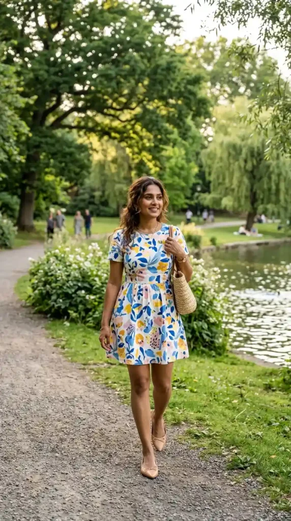 16 Chic Summer Date Outfits for Women Perfect for Hot Weather 12 printed-mini-dress-with-ballet-flats