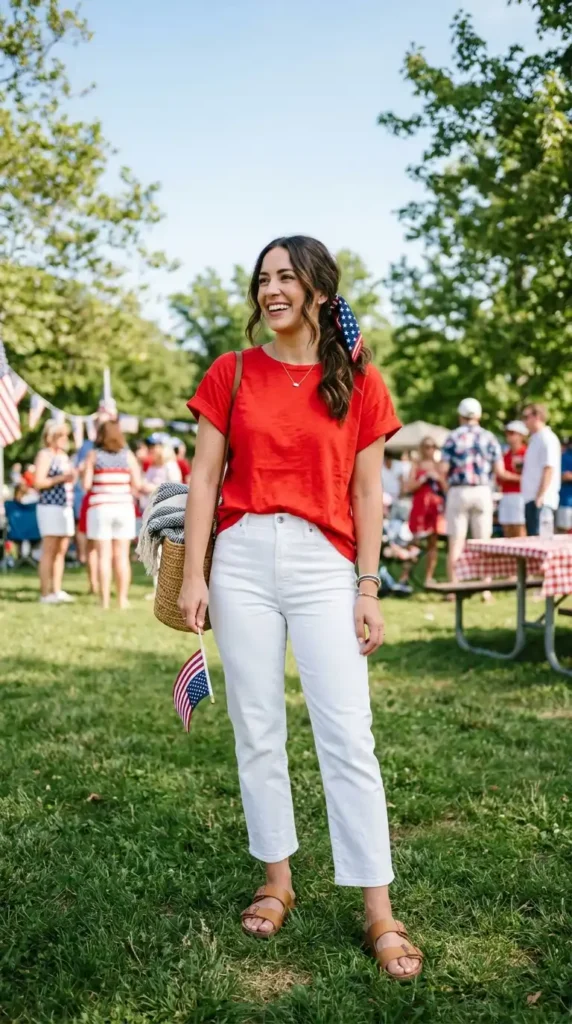 17 Trendy 4th of July Outfits for Women That Look Festive & Stylish 16 red-top-with-white-pants