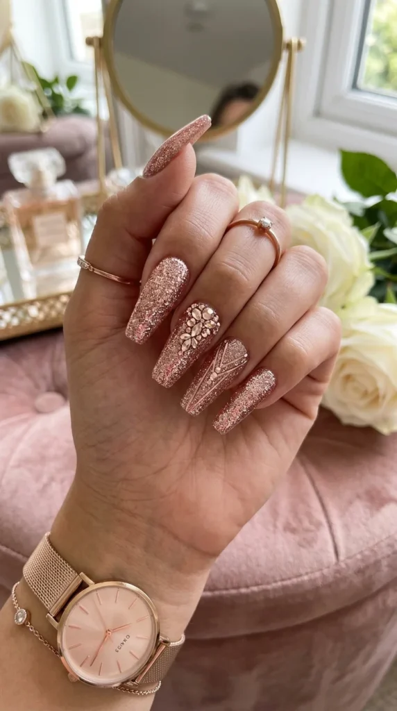 rose-gold-glitter-coffin-nails