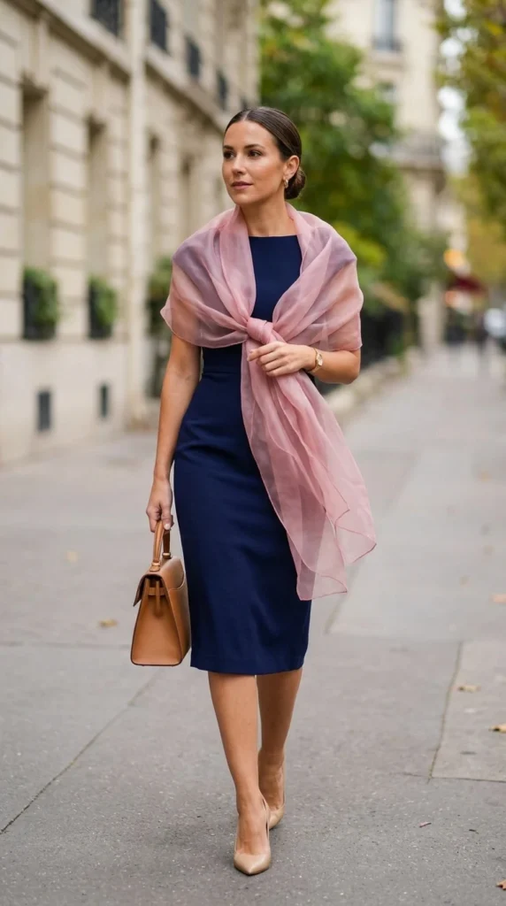 17 Stylish Scarves with Dress Outfit Ideas for a Chic and Elegant Look 16 sheer-organza-scarf-with-pencil-dress