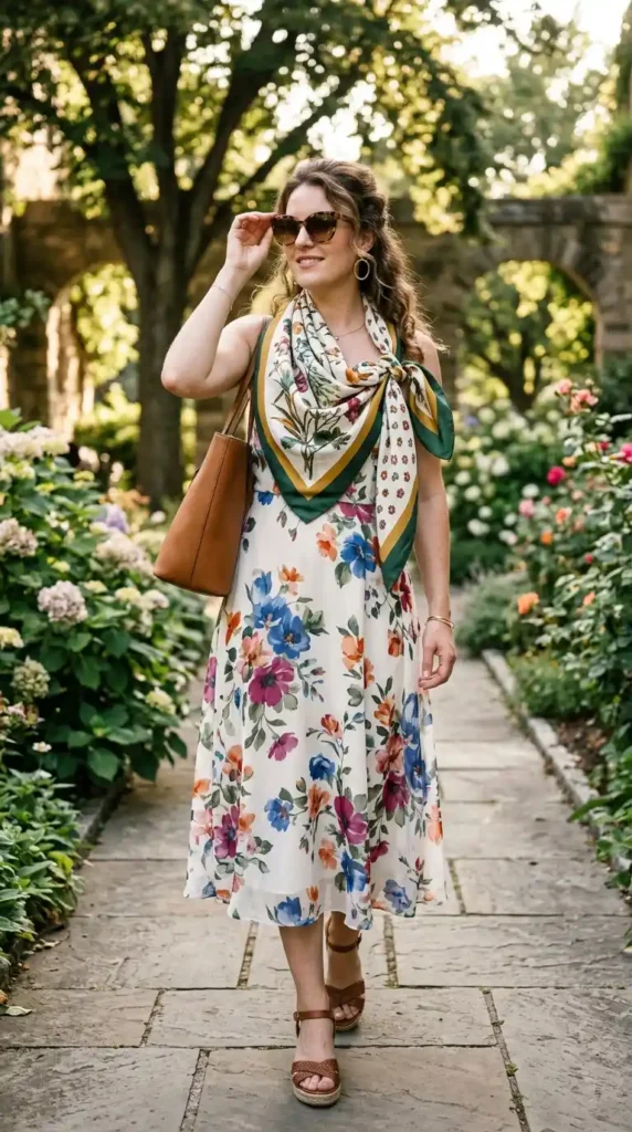 17 Stylish Scarves with Dress Outfit Ideas for a Chic and Elegant Look 2 silk-scarf-with-floral-midi-dress