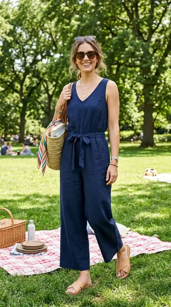 15 Summer Picnic Outfit Ideas That Are Easy, Chic & Comfortable 12 sleeveless-jumpsuit-with-slides