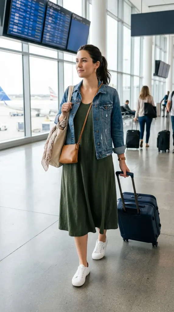 16 Cool Summer Airport Outfits for Women for Stress-Free Flights 17 sleeveless-midi-dress-with-light-jacket