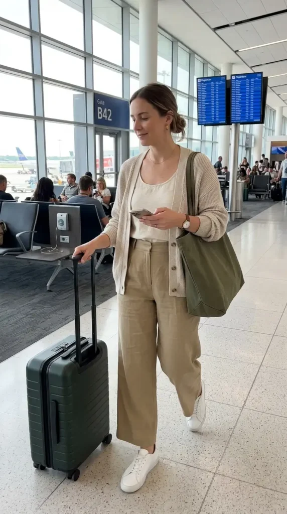 16 Cool Summer Airport Outfits for Women for Stress-Free Flights 16 soft-cardigan-with-tank-and-trousers