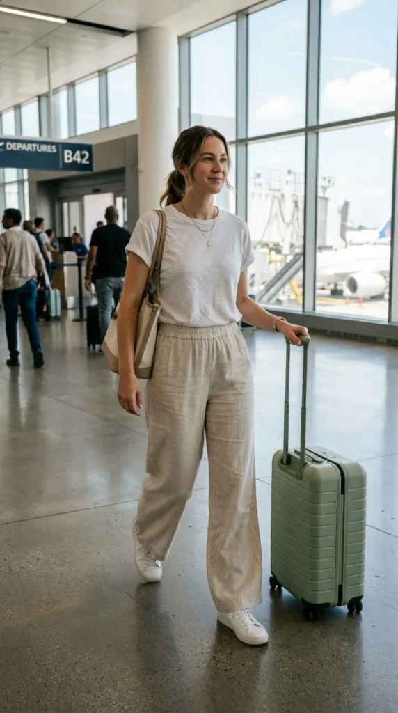 16 Cool Summer Airport Outfits for Women for Stress-Free Flights 2 soft-cotton-t-shirt-with-wide-linen-pants