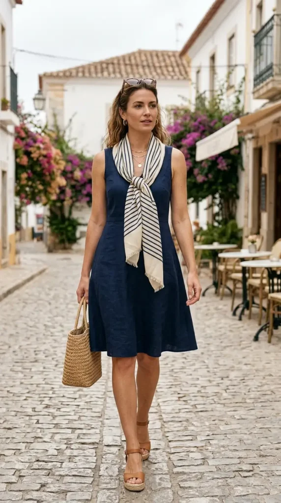 17 Stylish Scarves with Dress Outfit Ideas for a Chic and Elegant Look 9 striped-scarf-with-a-line-sundress