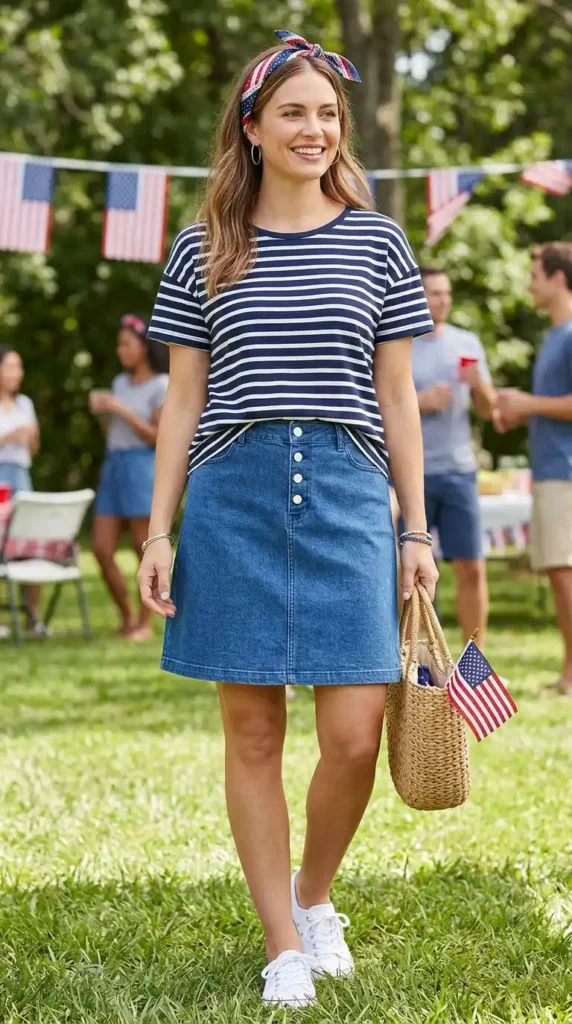 17 Trendy 4th of July Outfits for Women That Look Festive & Stylish 9 striped-shirt-and-skirt-combo