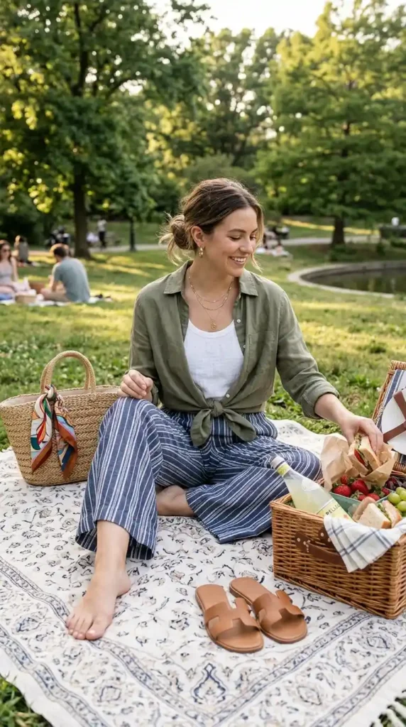 15 Summer Picnic Outfit Ideas That Are Easy, Chic & Comfortable 5 tank-top-with-wide-leg-pants