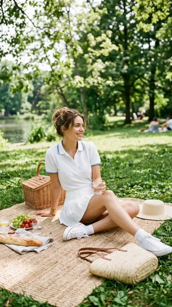 15 Summer Picnic Outfit Ideas That Are Easy, Chic & Comfortable 13 tennis-skirt-with-polo-shirt