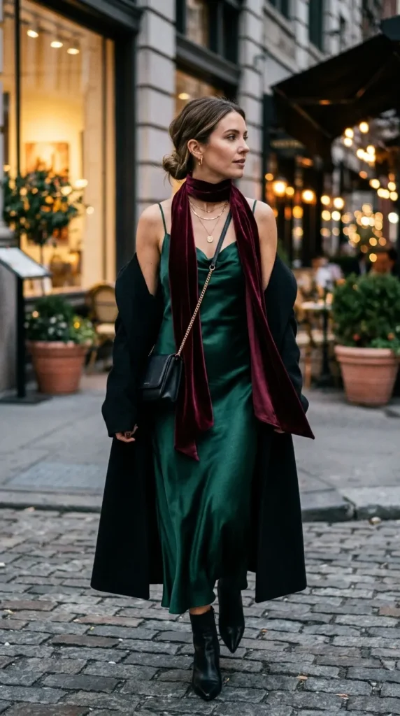 17 Stylish Scarves with Dress Outfit Ideas for a Chic and Elegant Look 10 velvet-scarf-with-satin-slip-dress
