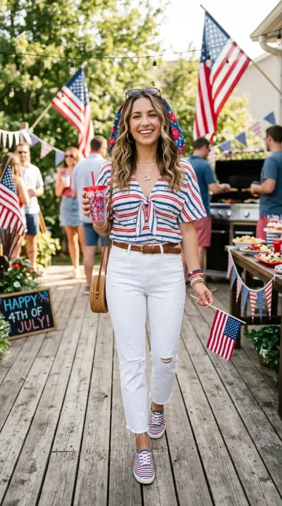 17 Trendy 4th of July Outfits for Women That Look Festive & Stylish 11 white-jeans-holiday-look