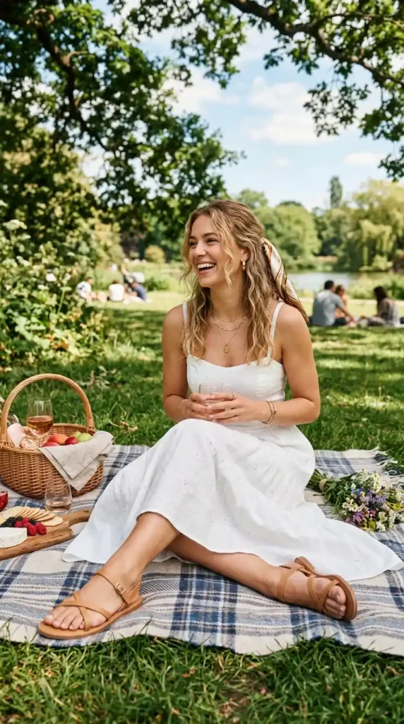 15 Summer Picnic Outfit Ideas That Are Easy, Chic & Comfortable 2 white-sundress-with-flat-sandals