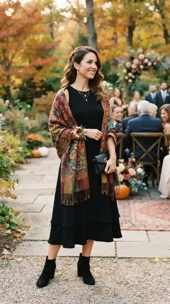 black-midi-dress-with-colorful-shawl