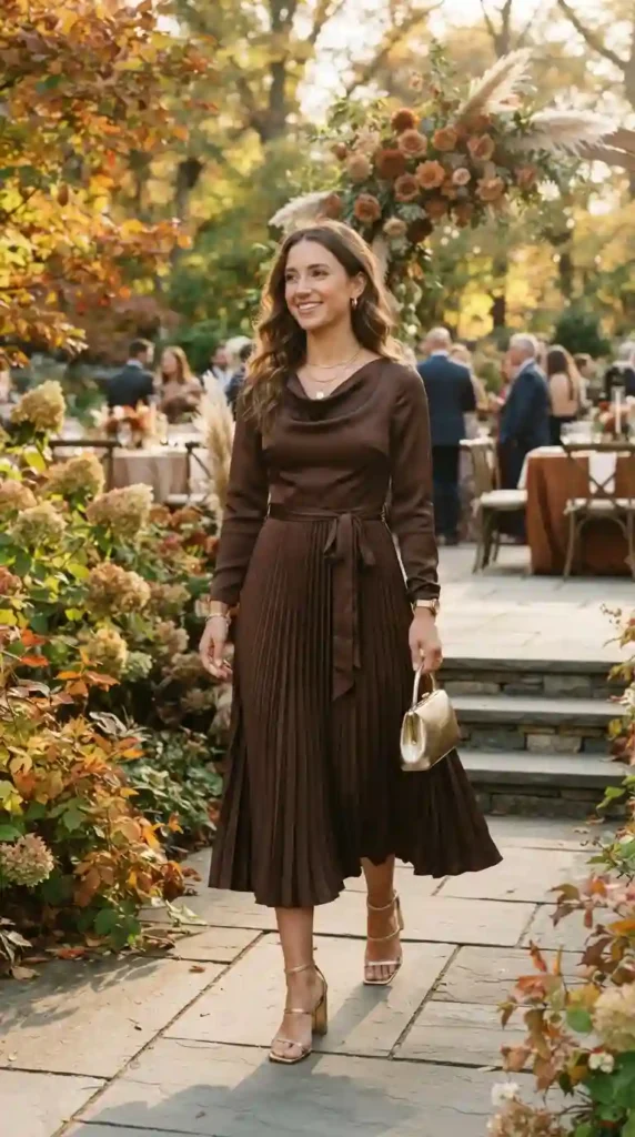 chocolate-brown-midi-dress-with-gold-accessories