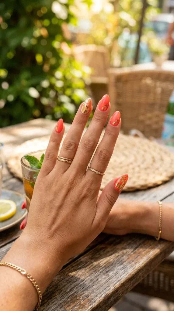 coral-and-gold-foil-nails