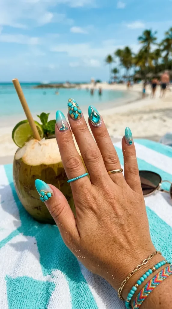 turquoise-crystal-nails